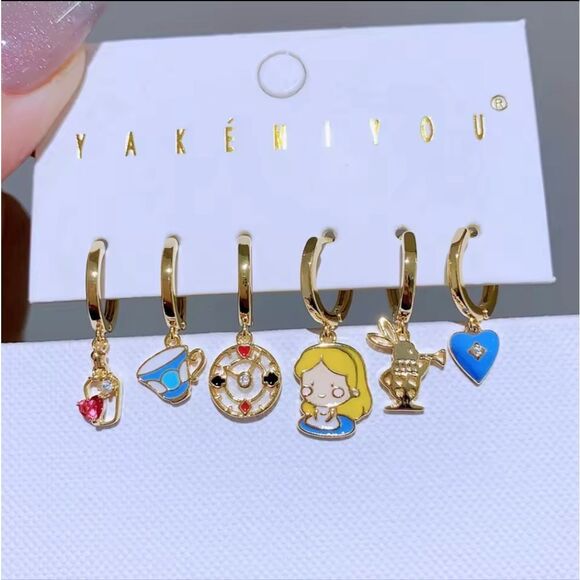 Alice In Wonderland 14K Gold Plated Huggie Hoop Earrings - Picture 1 of 5